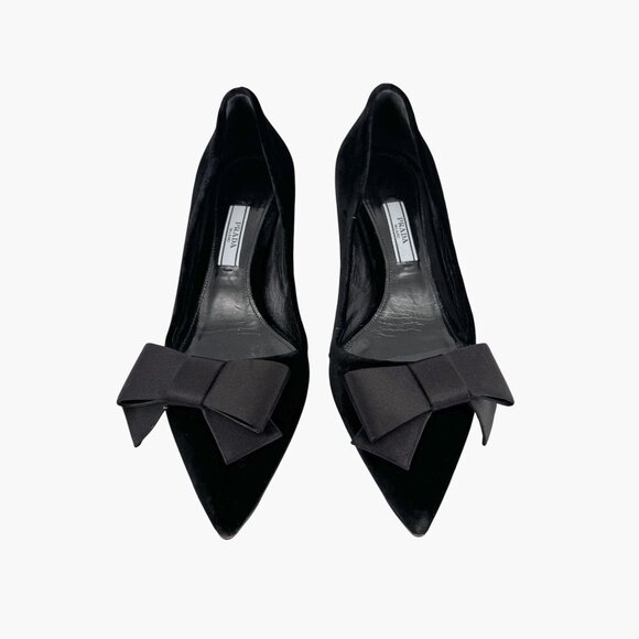 Prada Pointed Toe Bow Kitten Pumps Size 37 US 7 Black Velvet Low Heel Formal - Picture 2 of 14